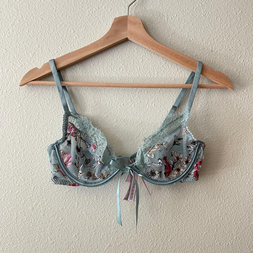Victoria's Secret Sheer Floral Blue Fairy Bra Size 34B sister sizes 32C 36A